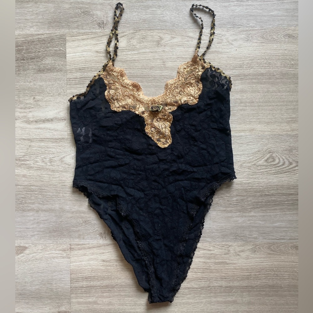 Vintage Black & Gold Lace High Cut Bodysuit